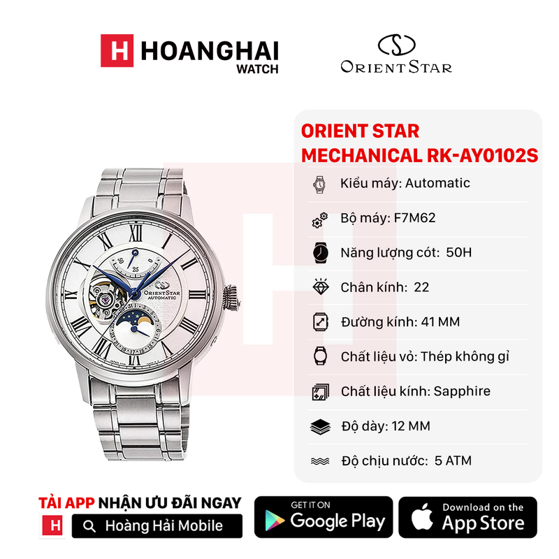 Đồng hồ cơ Orient Star Mechanical Moon Phase RK-AY0102S (Bản nội địa)