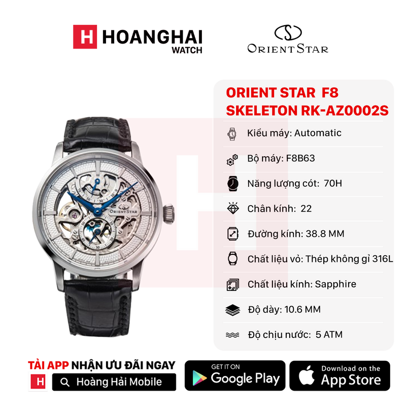 Đồng hồ cơ Orient Star F8 Skeleton Hand Winding RK-AZ0002S - (Bản nội địa)  - Nhận Order